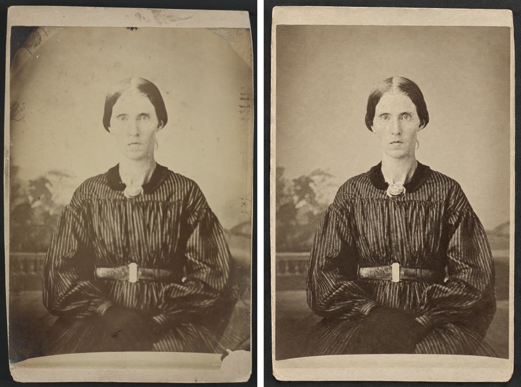 Stained and foxed portrait, before and after restoring