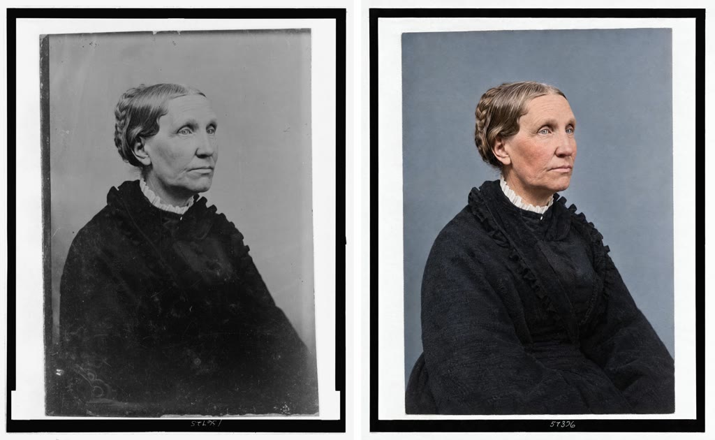 Black-and-white portrait before, colorized version after