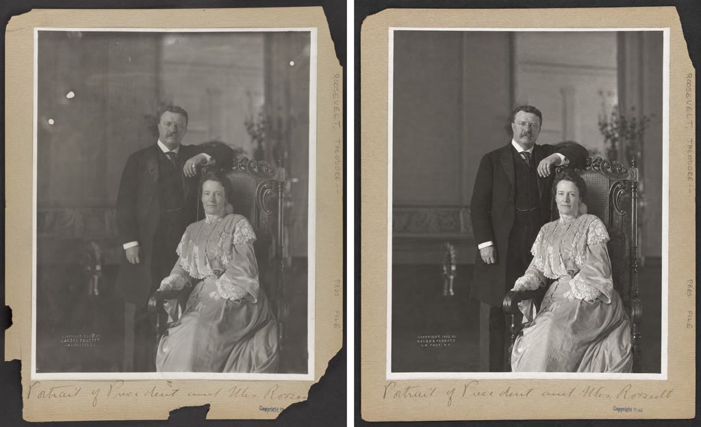 Mounted print with handwritten caption, before and after restoring